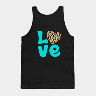 Cheetah Fur Pattern and Turquoise Hearts with Love Word Tank Top